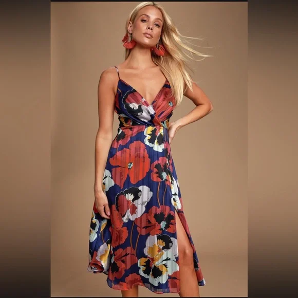 knee length dresses for ladies Katie Midi Dress in Tulip Fields Cornflower Blue